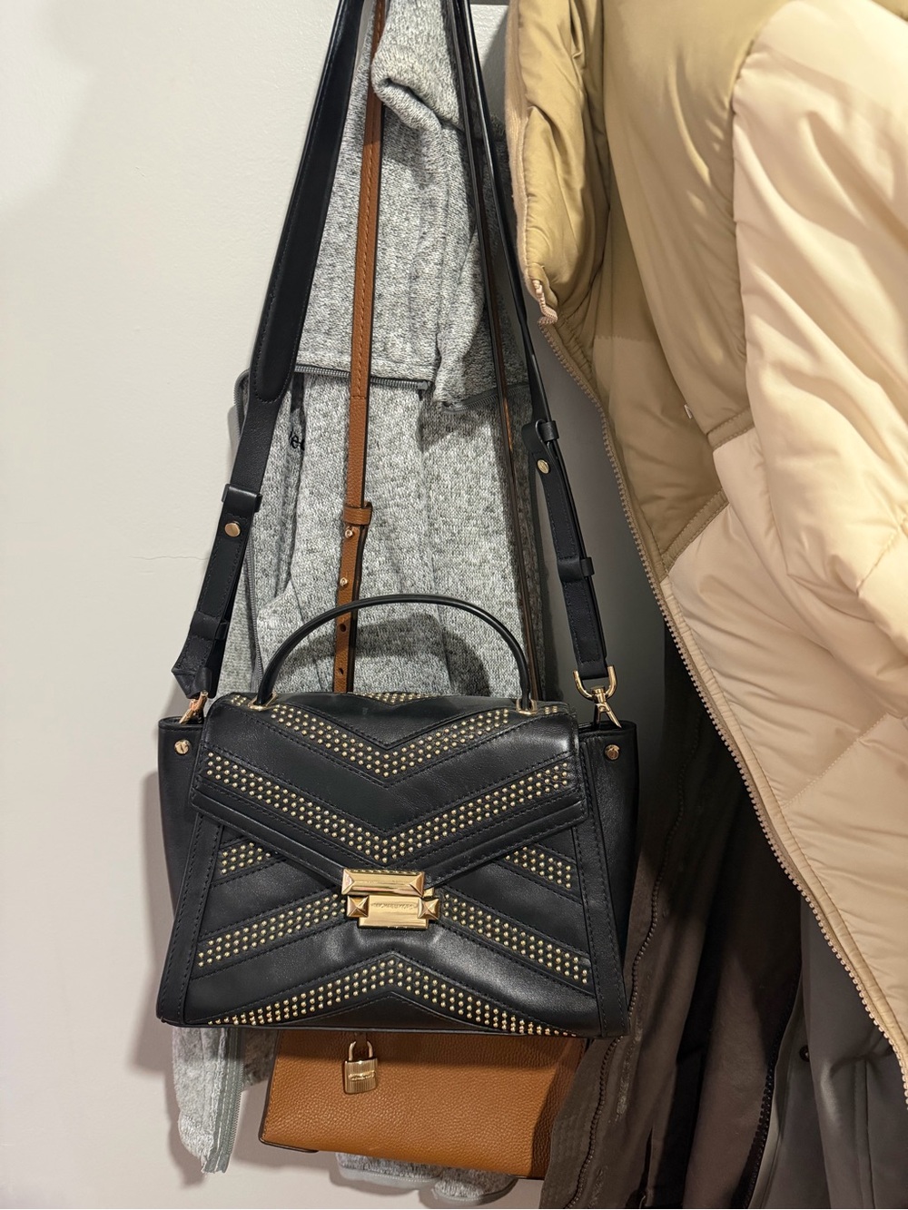 Michael Kors Black Leather Satchel with Gold Stud Accents